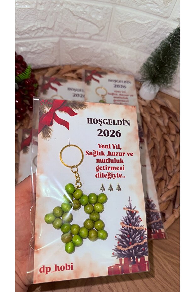 5 Pieces New Year Card Gift Keychain - Wooden Green - Christmas Gift