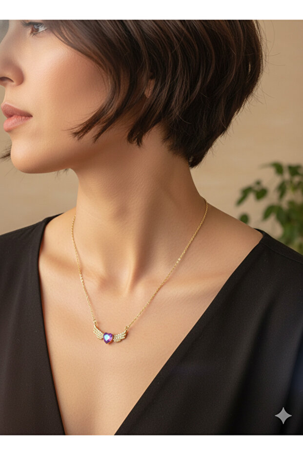 Women's Sparkling Winged Purple Heart Necklace