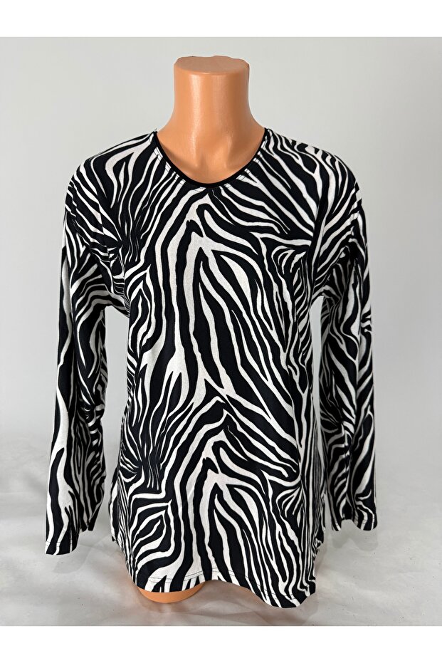 Women's Black and White Patterned U-Neck Long Sleeve Side Slit Suede Mother Combed Cotton T-Shirt