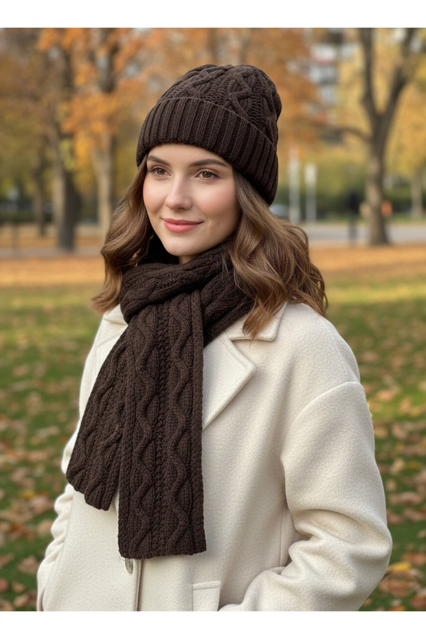 Women's Wool Winter Stylish Knitted Beanie and Scarf Two-Piece Set