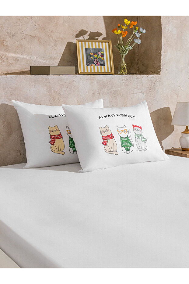 Cat Printed Cotton Pillow Case Set of 2 50X70 cm