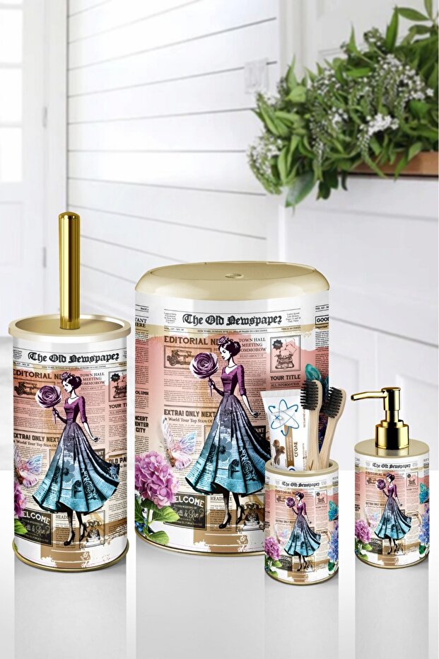 4 Piece Metal Bathroom Set – Vintage Newspaper Pattern – Stylish Design with Click Lid