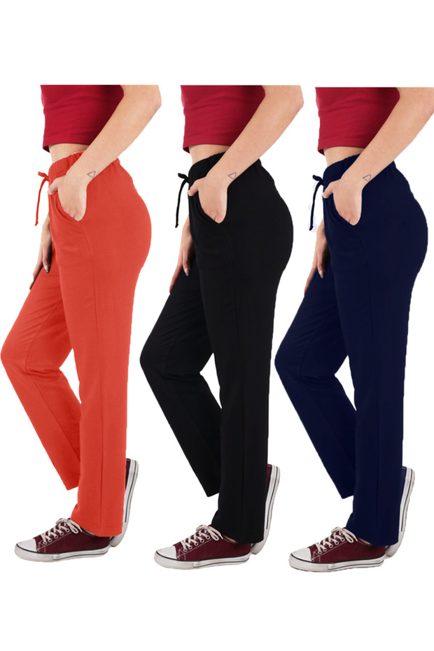 Women's Viscose Fabric 3-Pack Black/Navy Blue/Pomegranate Flower Sweatpants (with Plus Size Option)