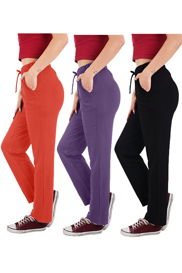Women's Viscose Fabric 3-Pack Black/Pomegranate Flower/Purple Sweatpants (with Plus Size Option)