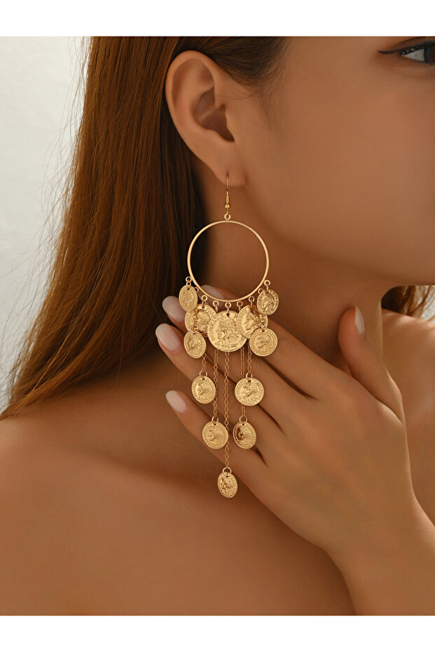 Women Metal Round Tassel Chain Earrings
