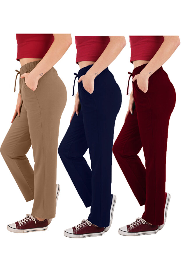 Women's Viscose Fabric 3-Pack Burgundy/Navy Blue/Brown Sweatpants (with Plus Size Option)