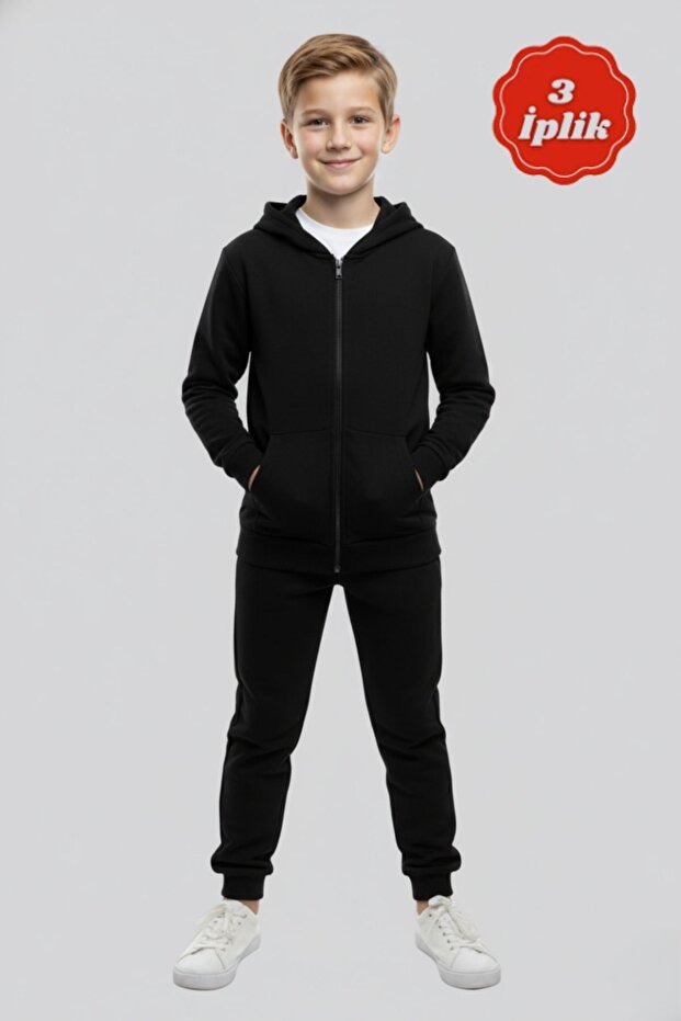 Boy's 3 Thread Ş Fleece-Lined Zippered K Hooded Tracksuit Set
