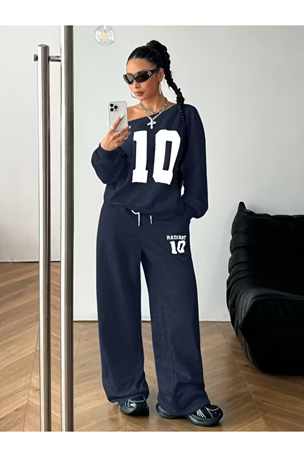 Women's Navy Blue 10 Printed Boat Neck Sweatshirt White Waist Detailed Sweatpants Two-Piece Bottom-Top Set