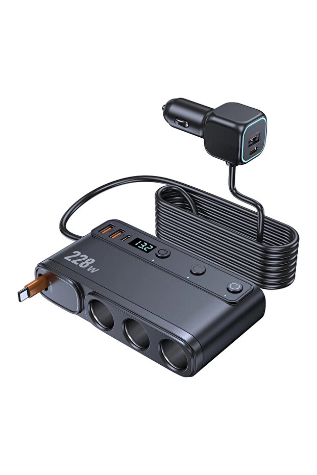 9 in 1 Car Lighter Splitter Adapter - Multi-Port Smart Car Charger Adapter 228W with Digital Display