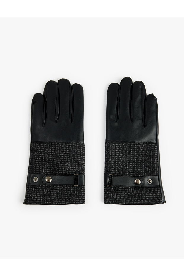 Faux Leather Gloves with Snap Buttons and Herringbone Pattern Fabric Detail