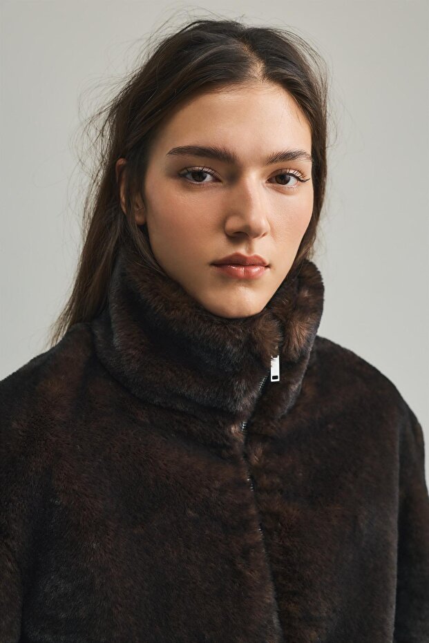 Dik yaka suni kürk ceket - 5