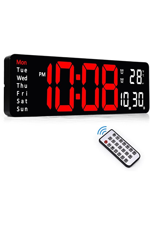 13" Digital Wall Clock with Remote, Dual Alarm, Timer, Temperature - Red - 1