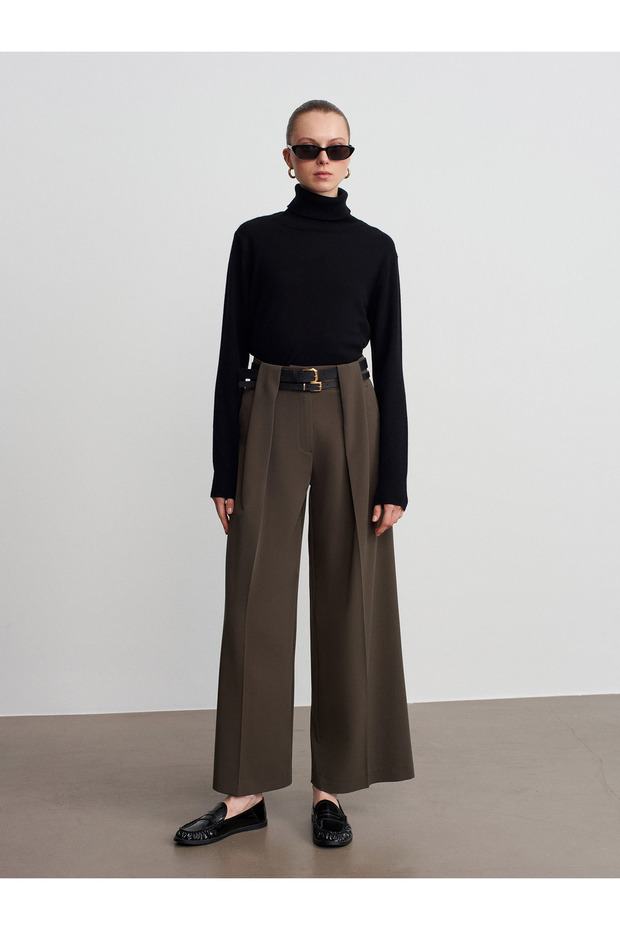 72220 Double Belted Pleated Fabric Trousers-Khaki