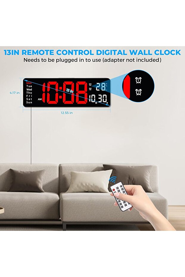 13" Digital Wall Clock with Remote, Dual Alarm, Timer, Temperature - Red - 3