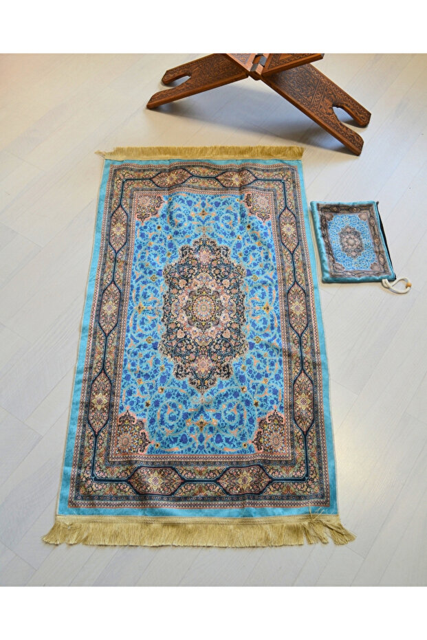 Practical and Portable Silk Textured Prayer Rug with Bag – Turquoise with Carpet Pattern – Zippered