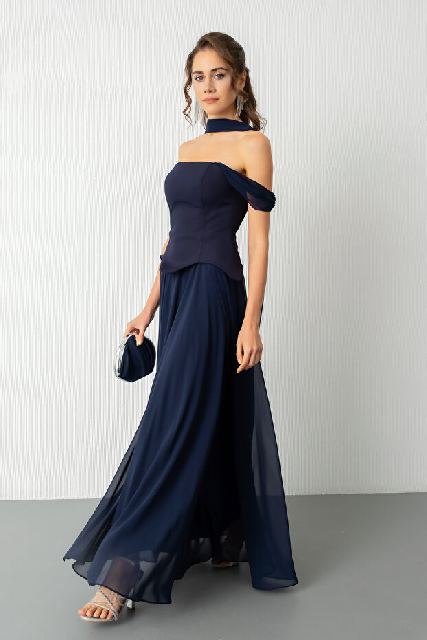 Women's Navy Blue Slim Fit Shawl Neck Strapless Engagement/Wedding Dress