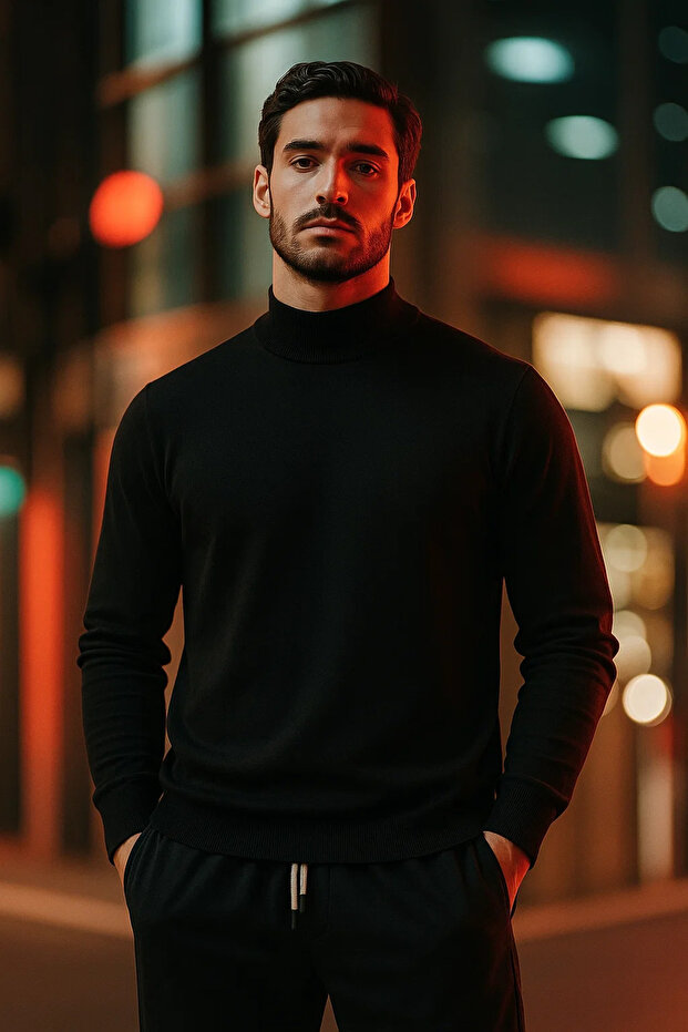 Men's Half Turtleneck Black Knitwear Sweater