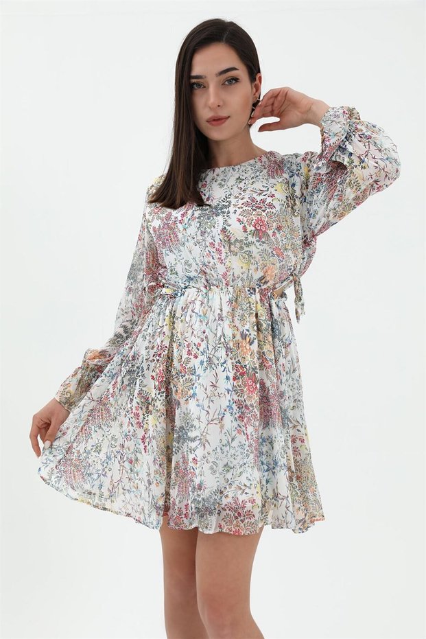 Women's Floral Flared Bell Model Chiffon Mini Dress |   Long Sleeve Low-Cut Ruched Detail A-Line Dress