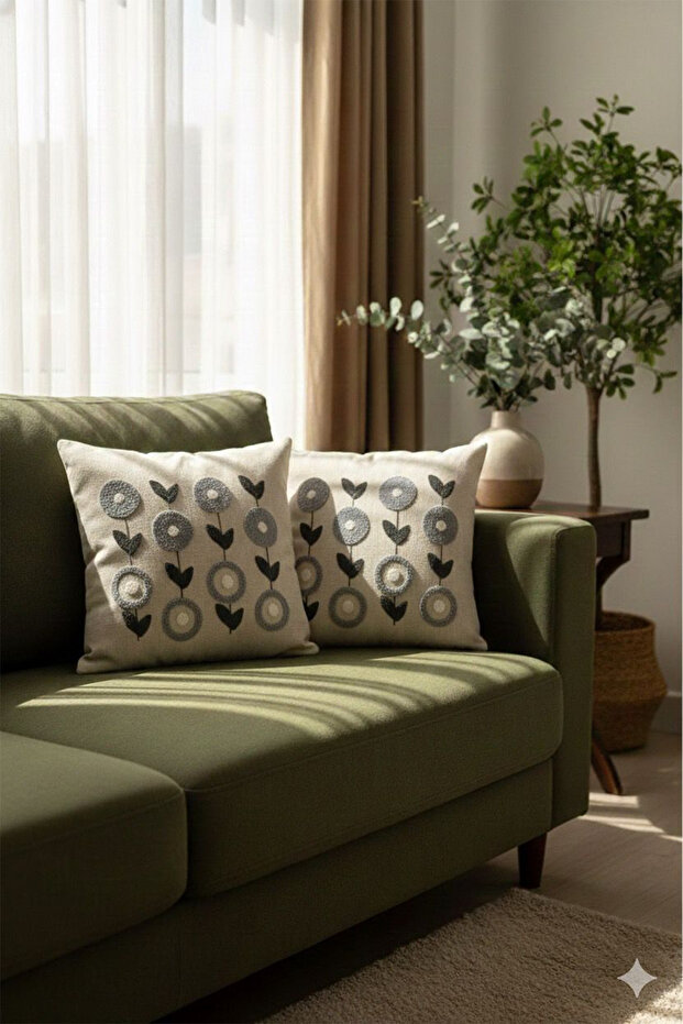 Punch Embroidered Modern Design Decorative 2-Piece Throw Pillow Cover Embroidered Linen 43X43 cm