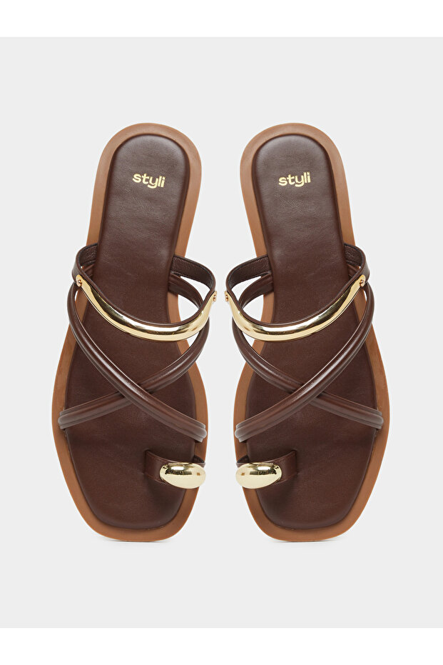 Brown Toe Ring Flat Sandals - 5