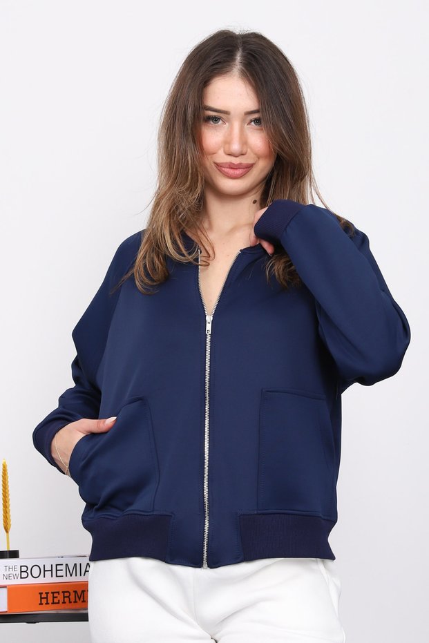 Navy Blue Zippered Scuba Short Jacket