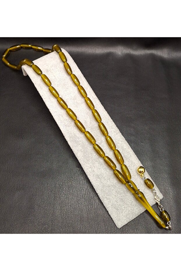 Fine Long Capsule Cut Olive Oil Green Color Powder Amber Prayer Beads