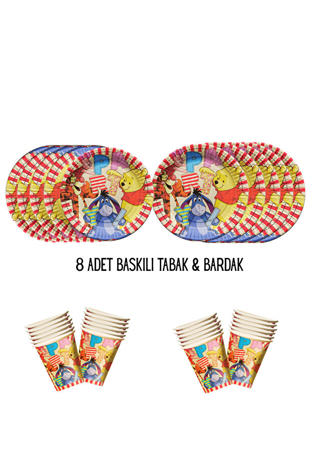Winnie the Pooh Theme Compatible Printed 8-Person Plate, Cup Birthday Set