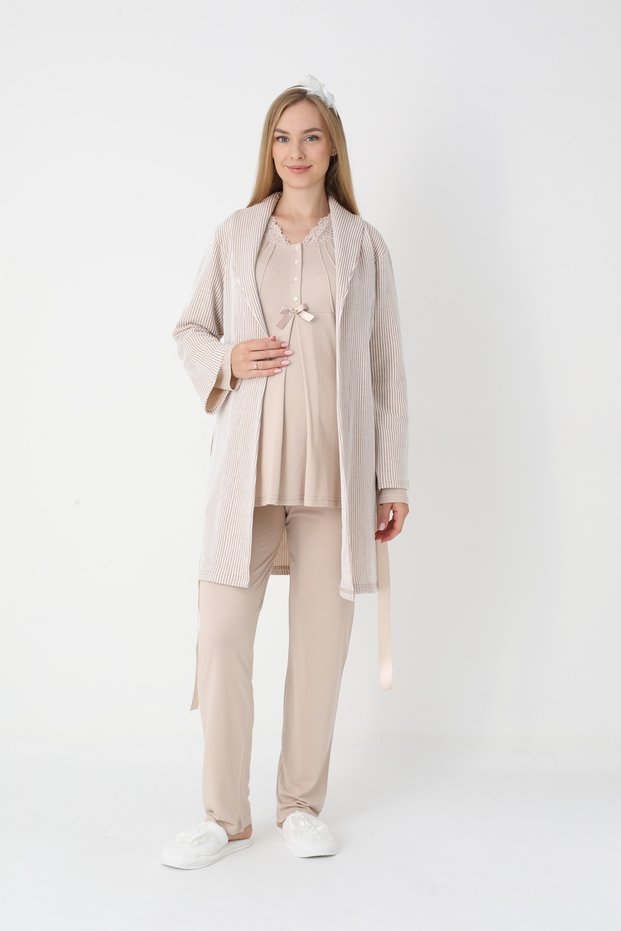 Striped Maternity Pajama Set 3-Piece Set (Pajamas + Robe) Breastfeeding Compatible & Adjustable Waist