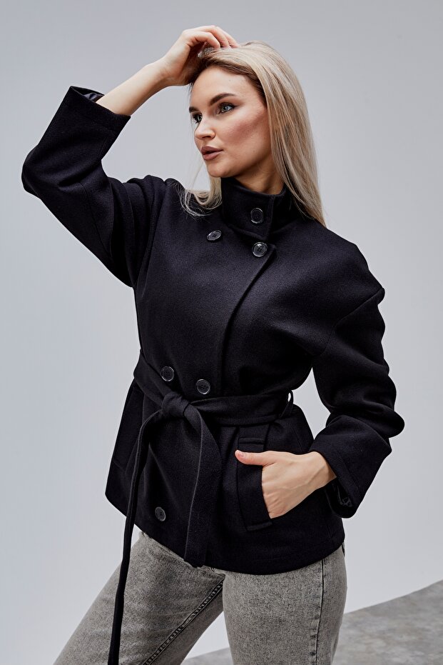 Carvella Black Mock Neck Belted Cashmere Jacket