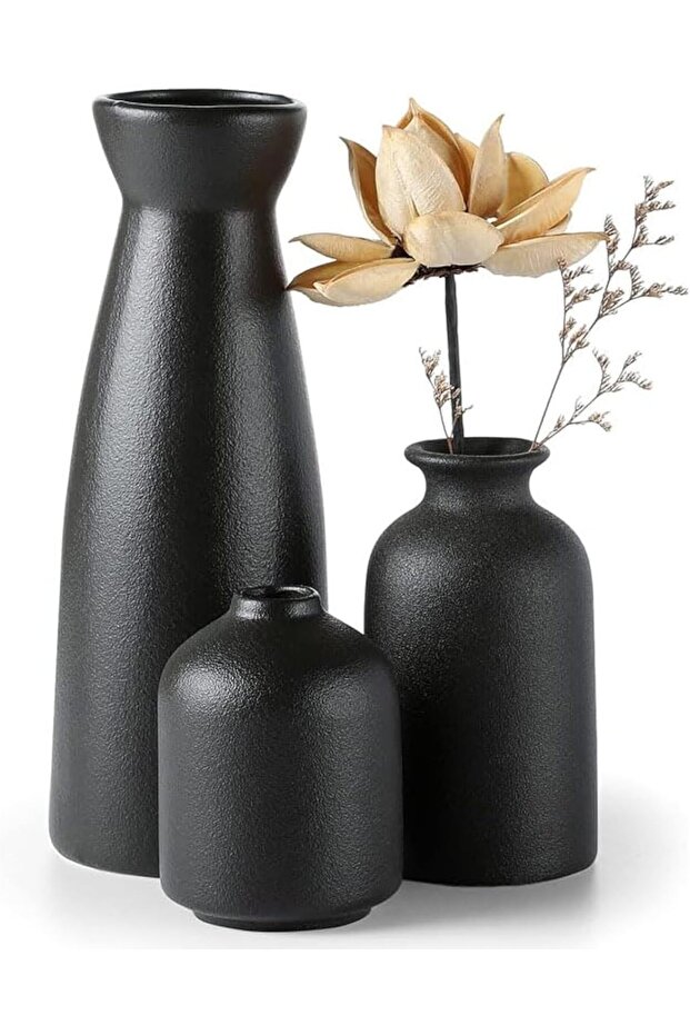 Ceramic Vase Set of 3 - Matte Black, Minimalist Boho
