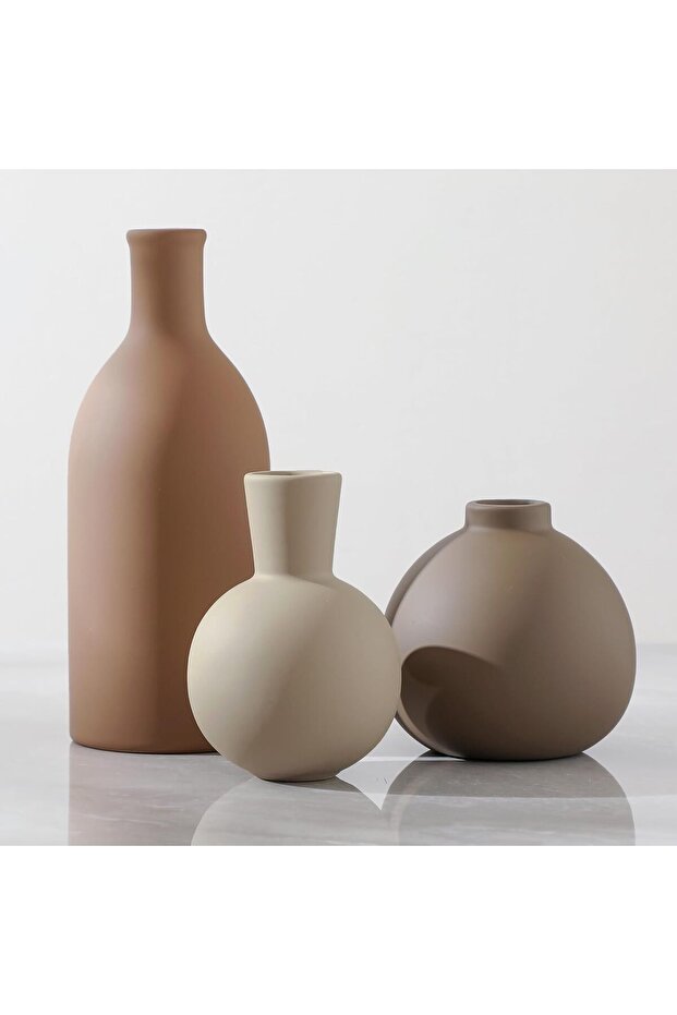 Ceramic Vase Set of 3 - Rustic Farmhouse Decorative Pottery Vases for Pampas Grass, Brown