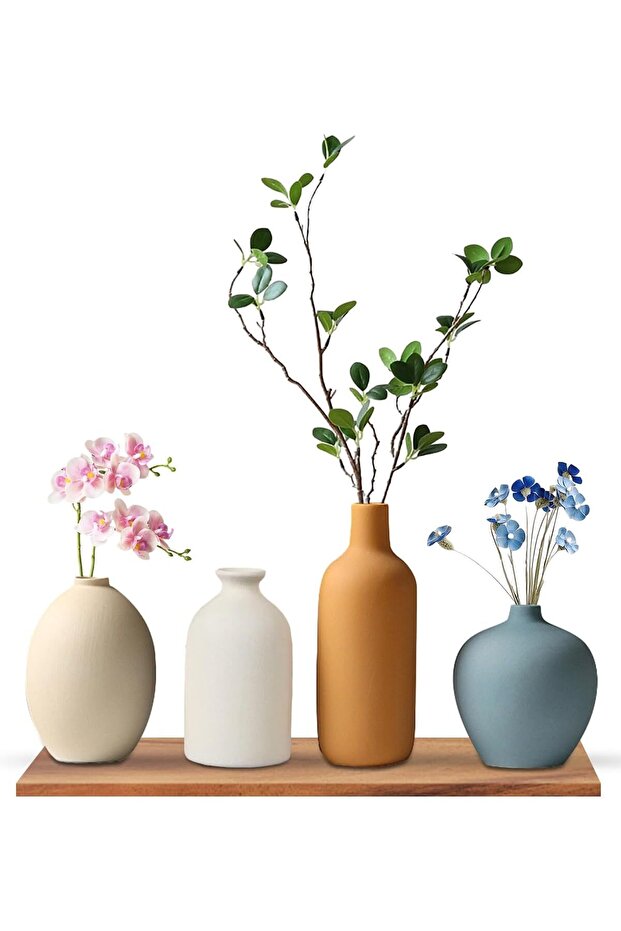 4pcs Ceramic Vase Set - Small Flower Vases for Modern & Boho Farmhouse Decor (White + Multi