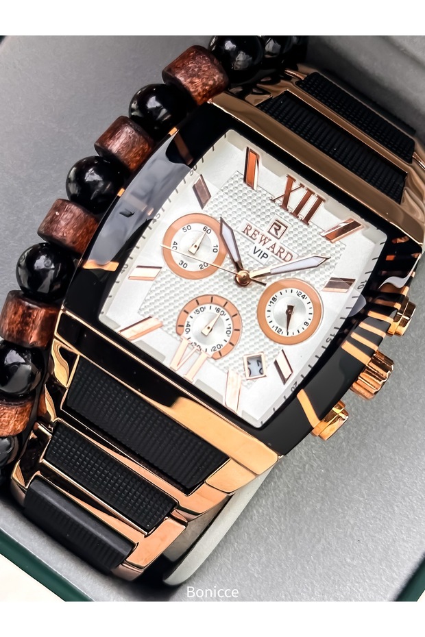 Men's Watch, Steel-Silicone Band, Functions Active, Rose White Calendar, Stylish Box, Bracelet Gift