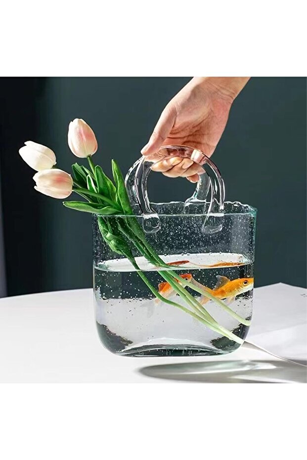 Elegant Hand Purse Glass Flower Vase with Bubble Details (Transparent)