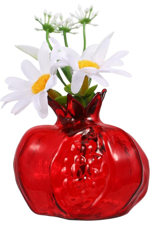 Pomegranate Shaped Glass Vase - Small Red Glazed Decorative Table Ornament