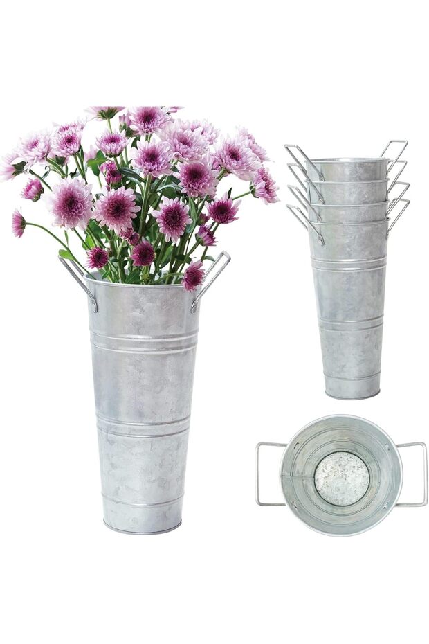 Galvanized Metal Vases - Farmhouse French Bucket, 9" Set of 4