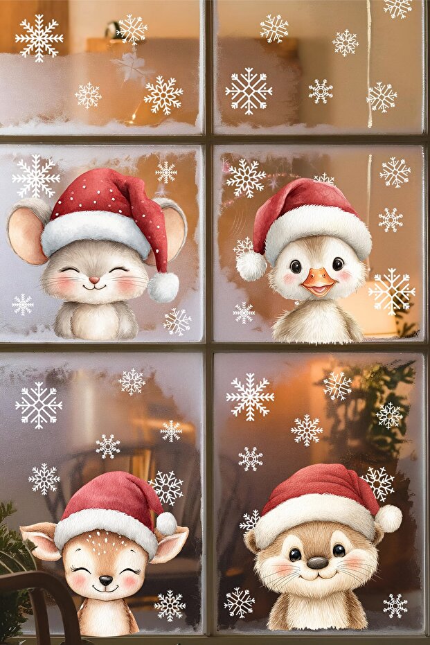 New Year Glass Sticker Set – Cute Figures and 42 Snowflakes | Double-Sided Use | Decoration