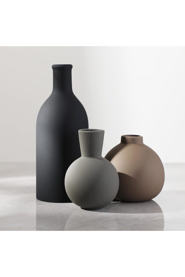 Ceramic Vase Set of 3 - Rustic Farmhouse Decorative Pottery Vases (Black)