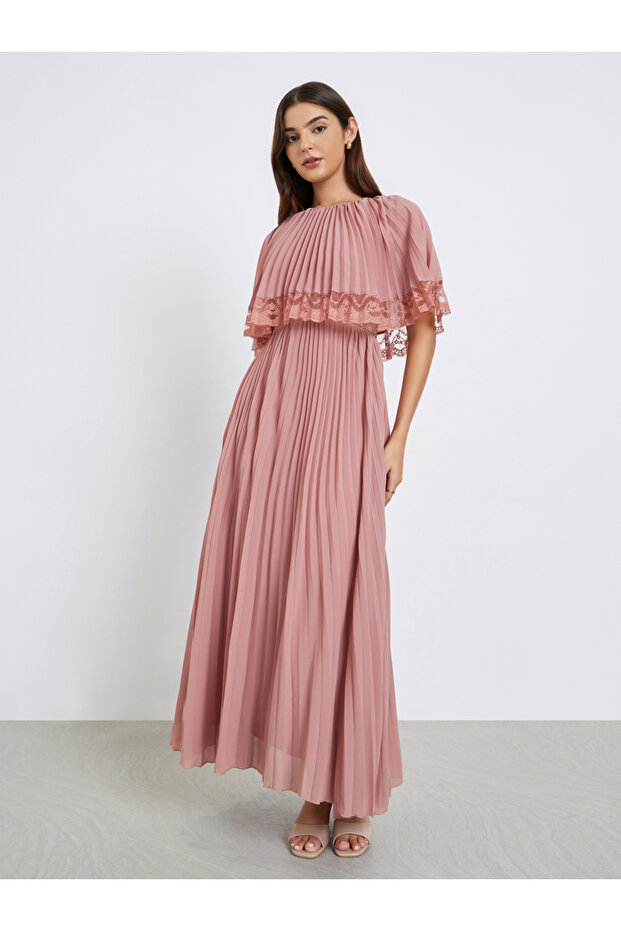 Pink Lace Trim Pleated Maxi Evening Dress