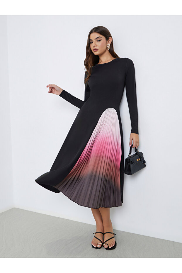 Tie-Dye Pleated A-Line Midi Dress