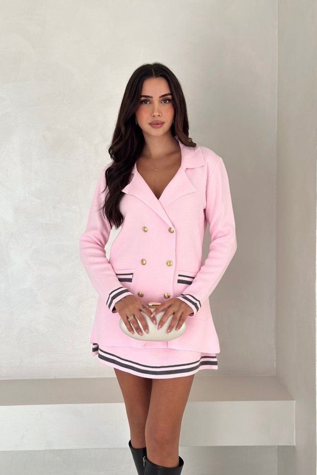 Double-Breasted Neck Pocketed Cardigan Mini Skirt Knit Set AW25AU0003