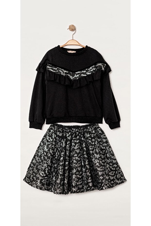Girl's Glittery Black Skirt & Sweatshirt Set