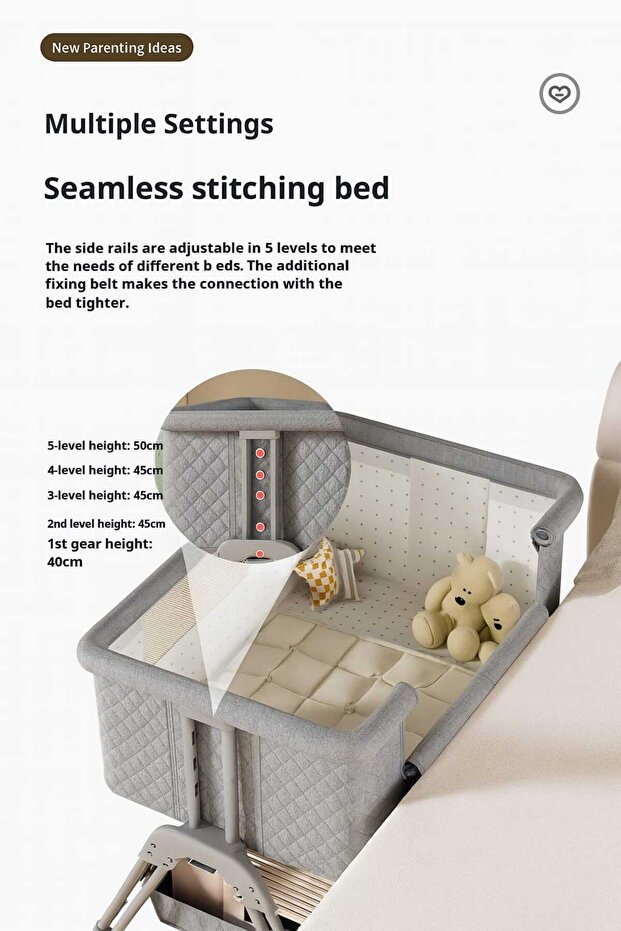 Next2Me Foldable Rocking Baby Cot with Adjustable Height, Reclining Position, Wheels, Bottom Storage Box and Mosquito Net - 3