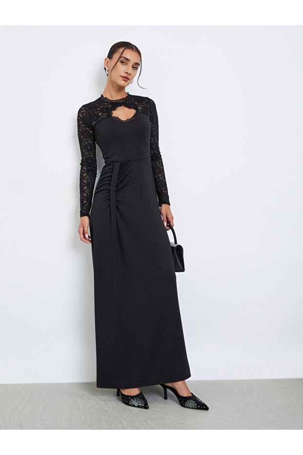 Black Lace Sleeve A-Line Maxi Dress