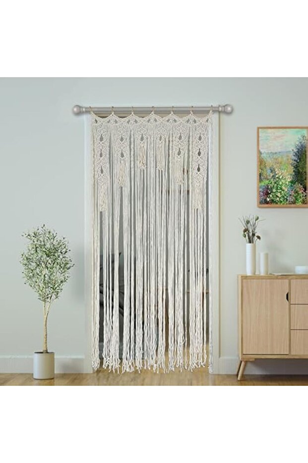 Macrame Beaded Curtain for Doorways (Off-white, 85 x 200 cm, Hand-woven)