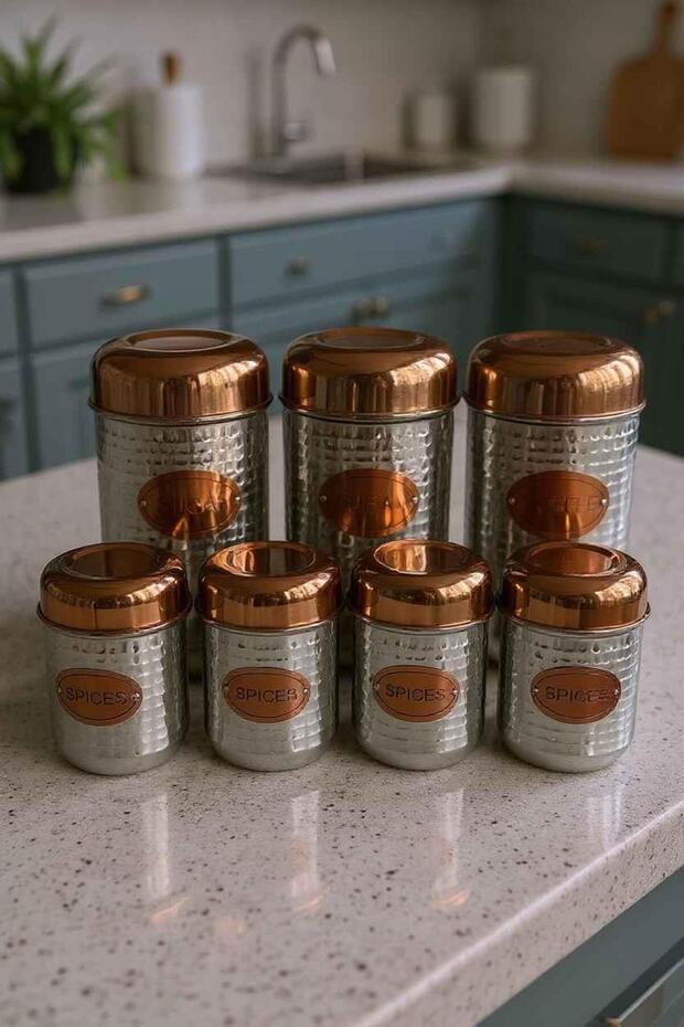 Stainless Steel Seasoning and Storage Container Set with Copper Lid, 7 Pieces