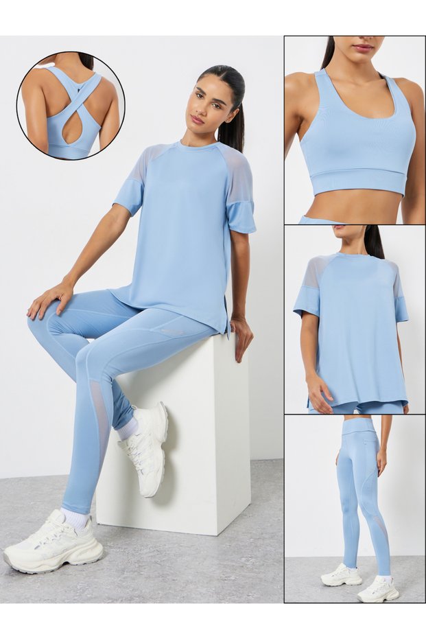 Pack of 3 - Shoulder Mesh Detail Top, Back Dual Tear Drop Sports Bra and Leggings