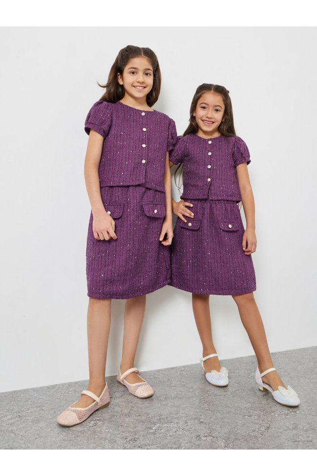 Girls Purple Tweed Top and Skirt Set