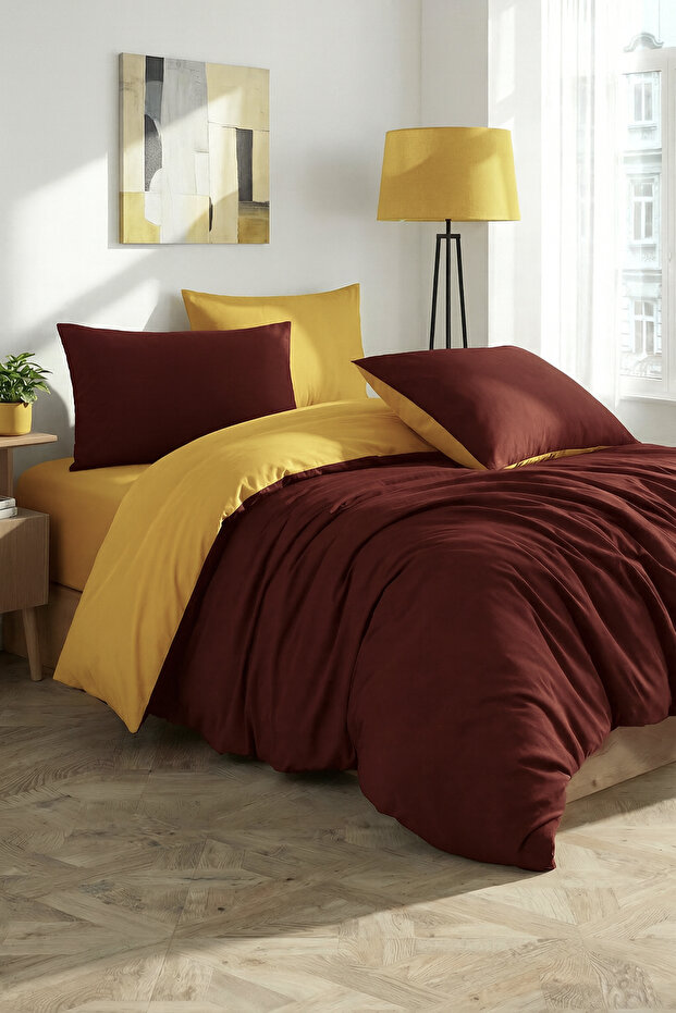 100% Cotton Double Duvet Cover Set with Elastic Fitted Sheet Bordo-Yellow