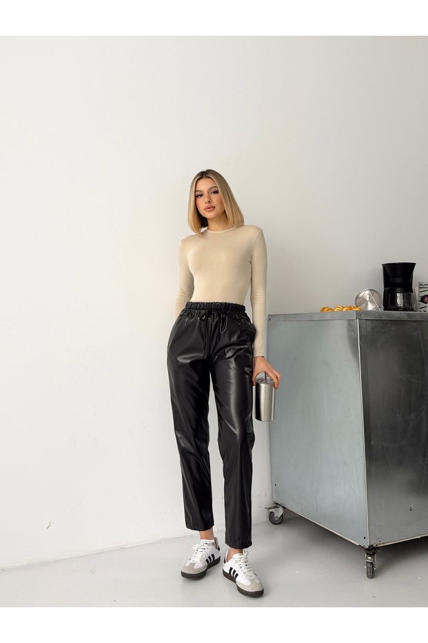 High Waist Black Waistband with Drawstring Elastic Tube Leg Leather Pants